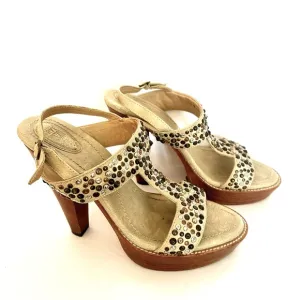 Frye Women’s Joy Studded Bone Leather Open Toe T Strap Platform Heels Size 9.5