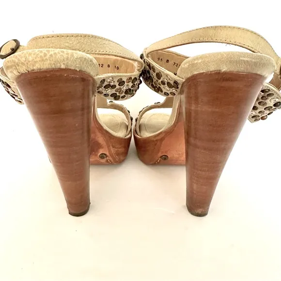 Frye Women’s Joy Studded Bone Leather Open Toe T Strap Platform Heels Size 9.5