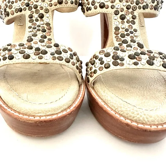 Frye Women’s Joy Studded Bone Leather Open Toe T Strap Platform Heels Size 9.5