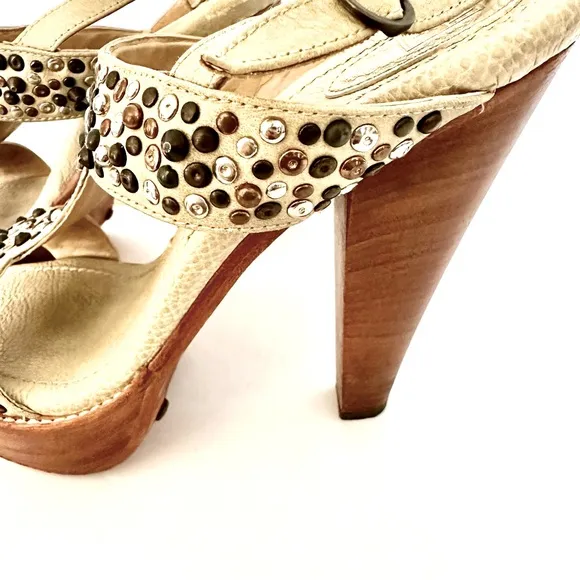 Frye Women’s Joy Studded Bone Leather Open Toe T Strap Platform Heels Size 9.5