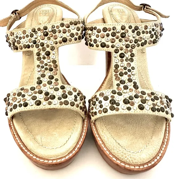 Frye Women’s Joy Studded Bone Leather Open Toe T Strap Platform Heels Size 9.5