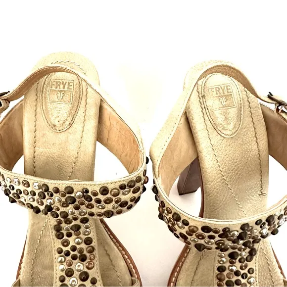 Frye Women’s Joy Studded Bone Leather Open Toe T Strap Platform Heels Size 9.5