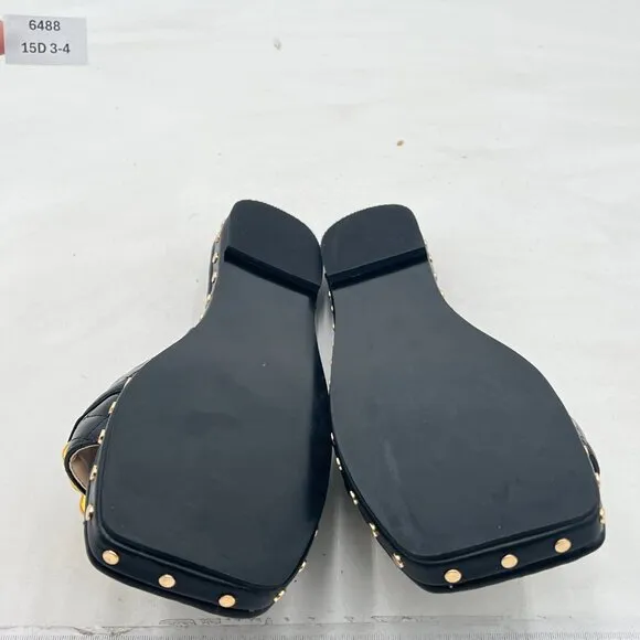 FSJ Black Square Open Toe Thick Sole Sandals Gold Chain Checkered Strap Shoes