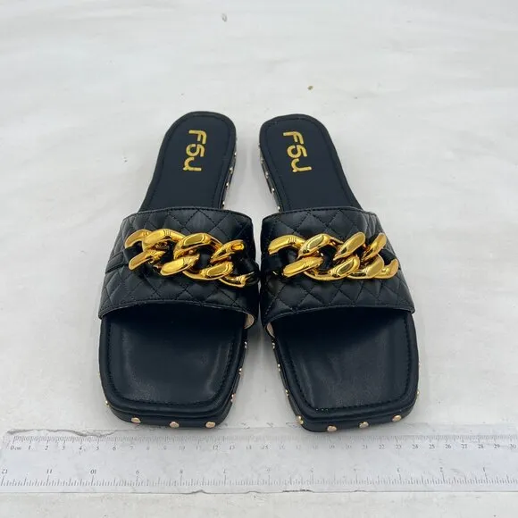 FSJ Black Square Open Toe Thick Sole Sandals Gold Chain Checkered Strap Shoes