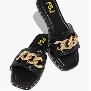 FSJ Black Square Open Toe Thick Sole Sandals Gold Chain Checkered Strap Shoes