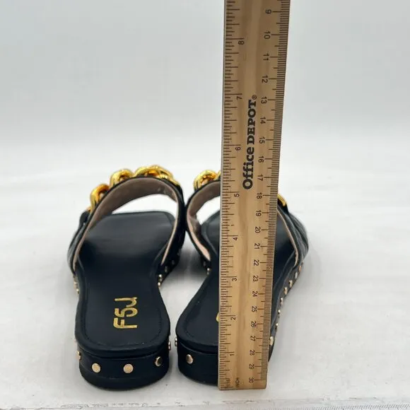 FSJ Black Square Open Toe Thick Sole Sandals Gold Chain Checkered Strap Shoes