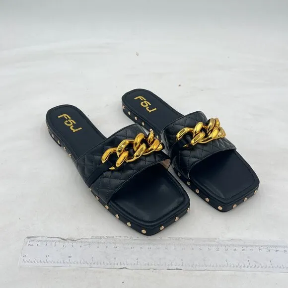 FSJ Black Square Open Toe Thick Sole Sandals Gold Chain Checkered Strap Shoes