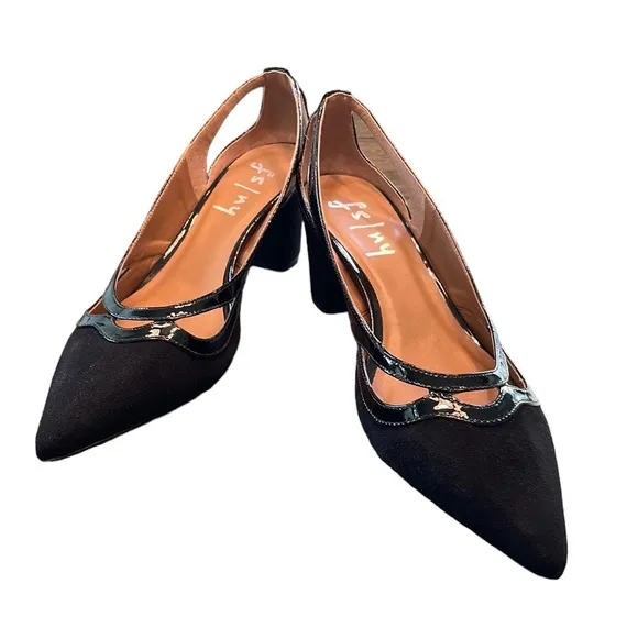 FS/NY French Sole Black Suede/ Patent Leather Pointed Toe Block Heel Shoes 9.5