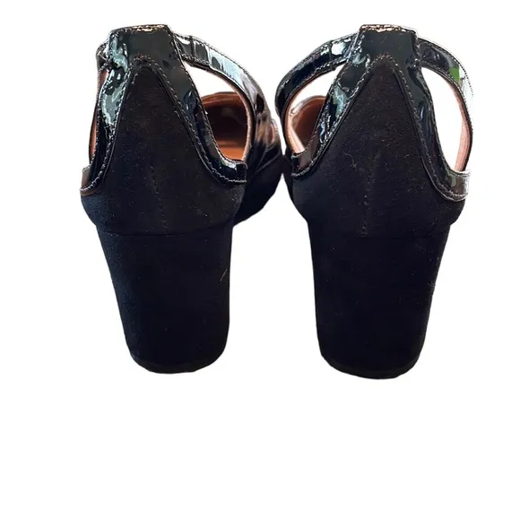 FS/NY French Sole Black Suede/ Patent Leather Pointed Toe Block Heel Shoes 9.5