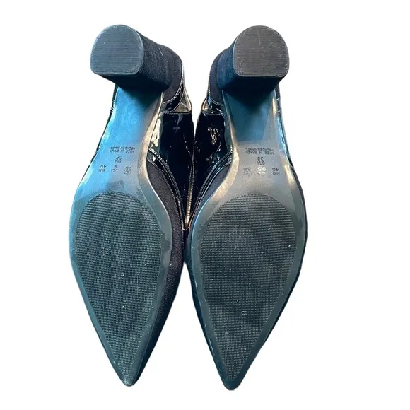 FS/NY French Sole Black Suede/ Patent Leather Pointed Toe Block Heel Shoes 9.5