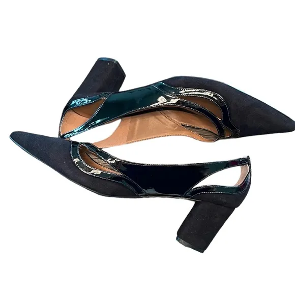 FS/NY French Sole Black Suede/ Patent Leather Pointed Toe Block Heel Shoes 9.5