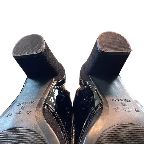 FS/NY French Sole Black Suede/ Patent Leather Pointed Toe Block Heel Shoes 9.5