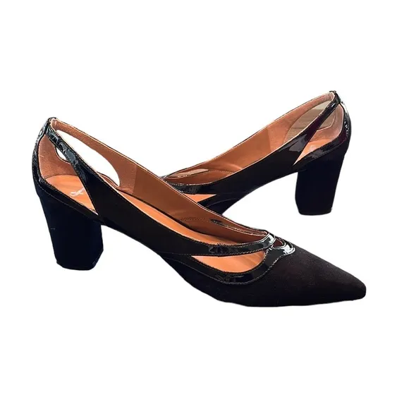 FS/NY French Sole Black Suede/ Patent Leather Pointed Toe Block Heel Shoes 9.5