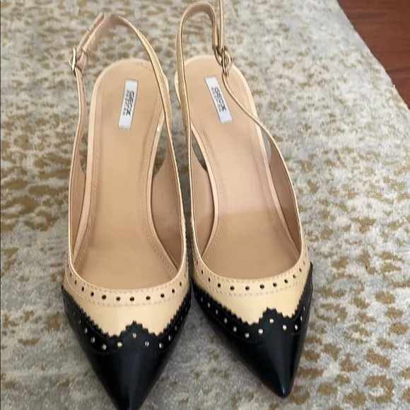Geox Black and Cream Slingback Heels with Studded Elegance