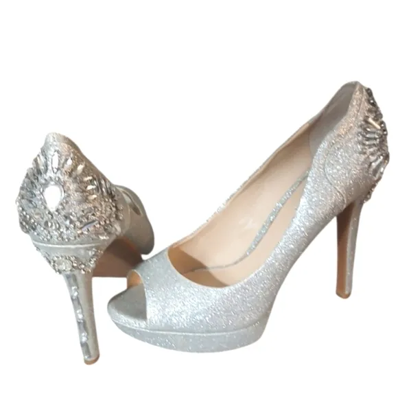 Gianni Bini Silver Glitter Gemstone Open Toe Platform Heels size 7