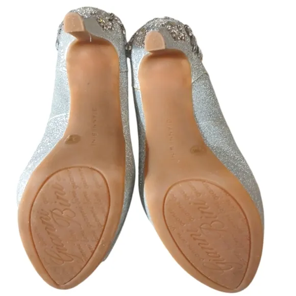 Gianni Bini Silver Glitter Gemstone Open Toe Platform Heels size 7