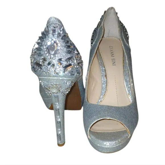 Gianni Bini Silver Glitter Gemstone Open Toe Platform Heels size 7