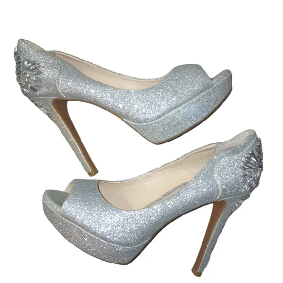 Gianni Bini Silver Glitter Gemstone Open Toe Platform Heels size 7