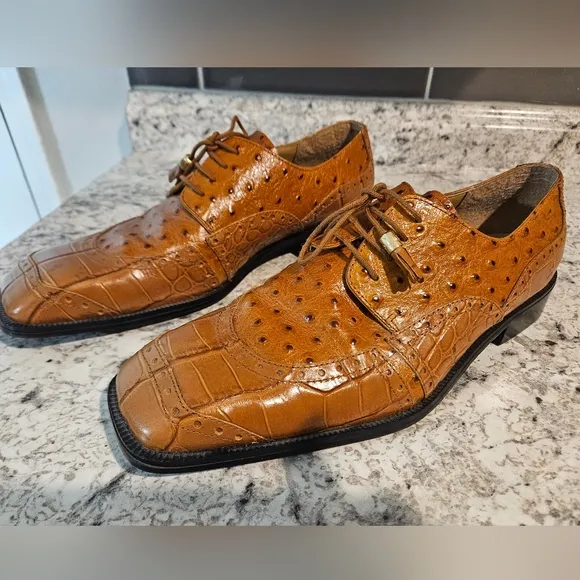 Giorgio Brutini Brown Leather Ostrich/Croc Print Oxfords Size 12