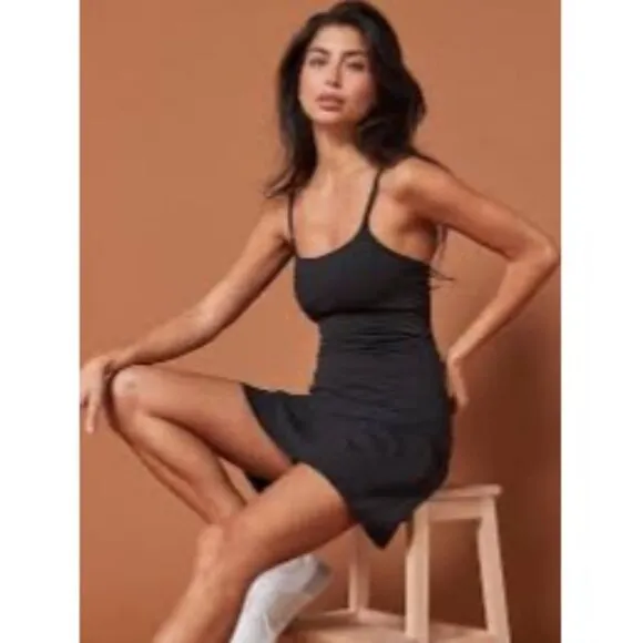 Girlfriend Collective Juliet Float Black Slip Dress With Built-In Shorts -Small