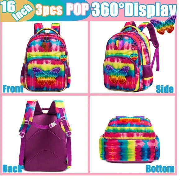 Girls Backpack Set 3 With Butterfly Fidget