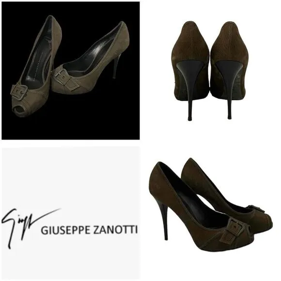 Giuseppe Zanotti Brown Open Peep-toe Buckle Suede Stiletto Heels