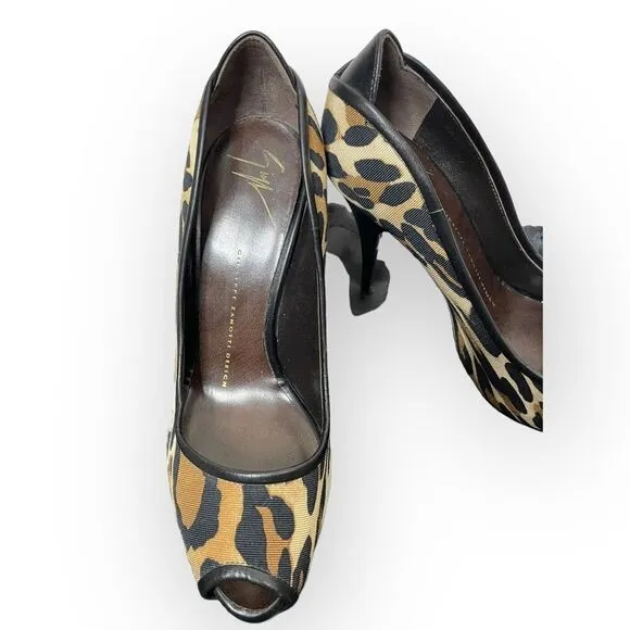 Giuseppe Zanotti Leopard Print Canvas Peep Toe Pumps 37.5 w/ dustbag