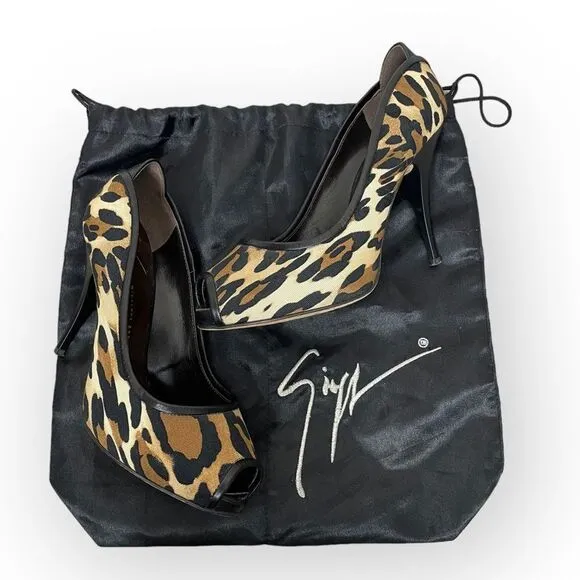 Giuseppe Zanotti Leopard Print Canvas Peep Toe Pumps 37.5 w/ dustbag