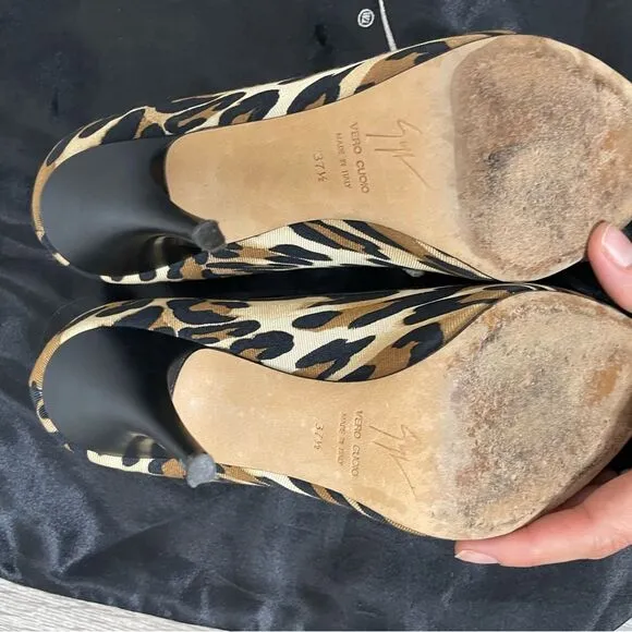 Giuseppe Zanotti Leopard Print Canvas Peep Toe Pumps 37.5 w/ dustbag