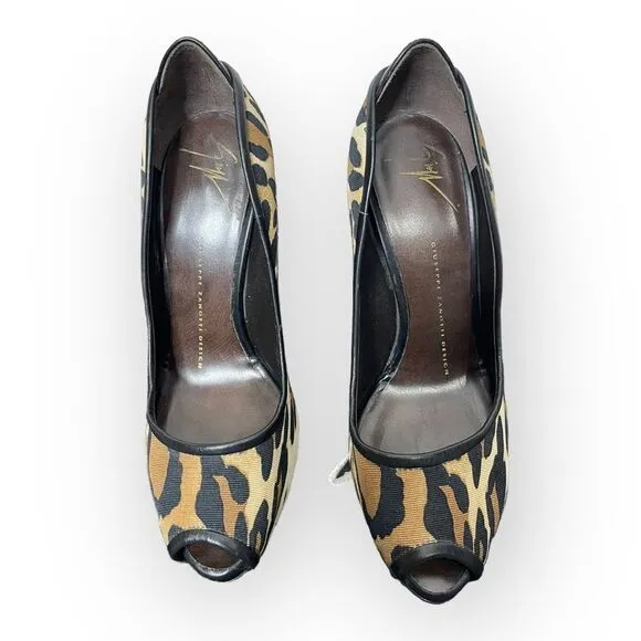 Giuseppe Zanotti Leopard Print Canvas Peep Toe Pumps 37.5 w/ dustbag