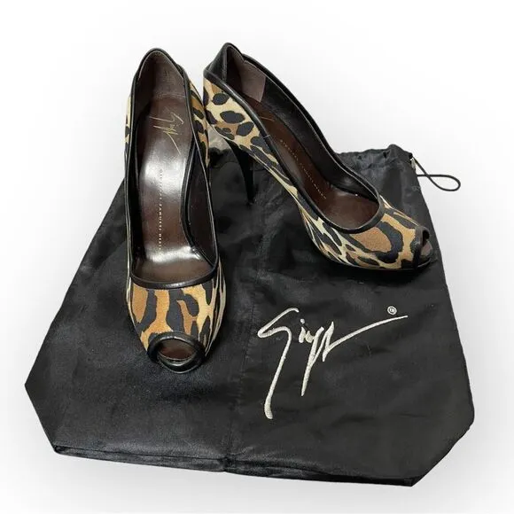 Giuseppe Zanotti Leopard Print Canvas Peep Toe Pumps 37.5 w/ dustbag