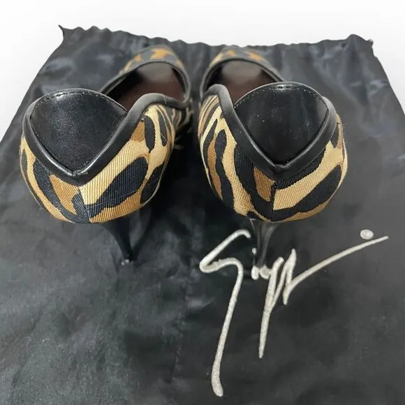 Giuseppe Zanotti Leopard Print Canvas Peep Toe Pumps 37.5 w/ dustbag