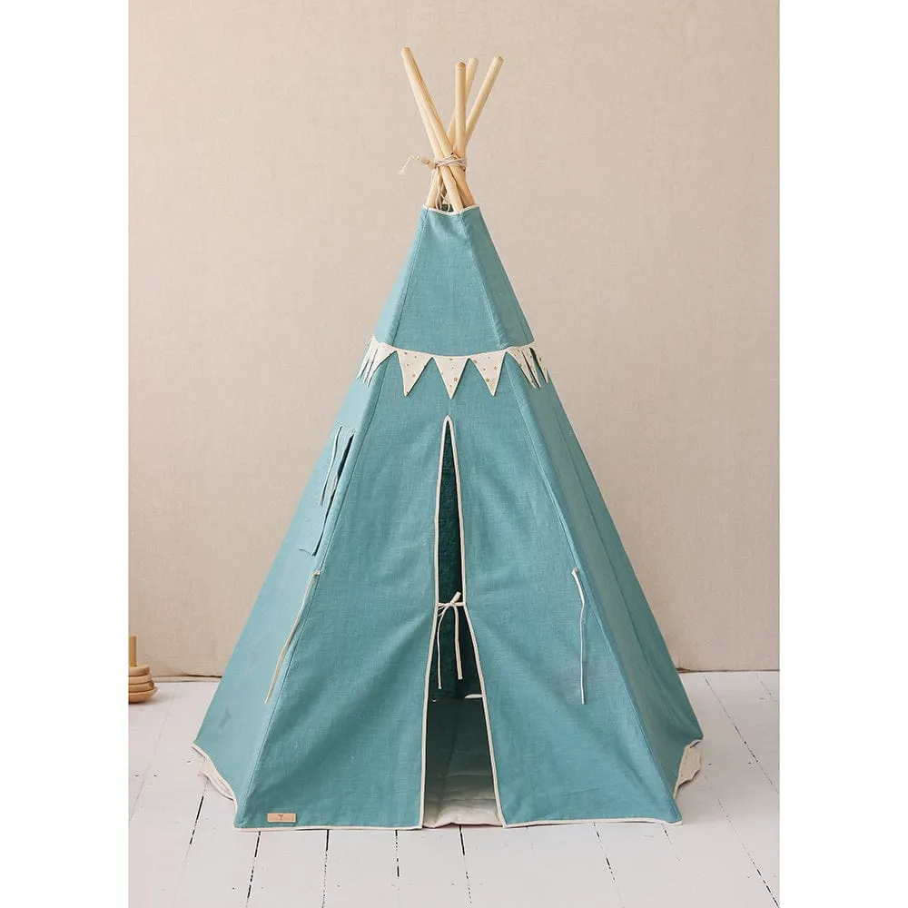 Gold Star Teepee With Garland And Mat Set - Blue & Grey