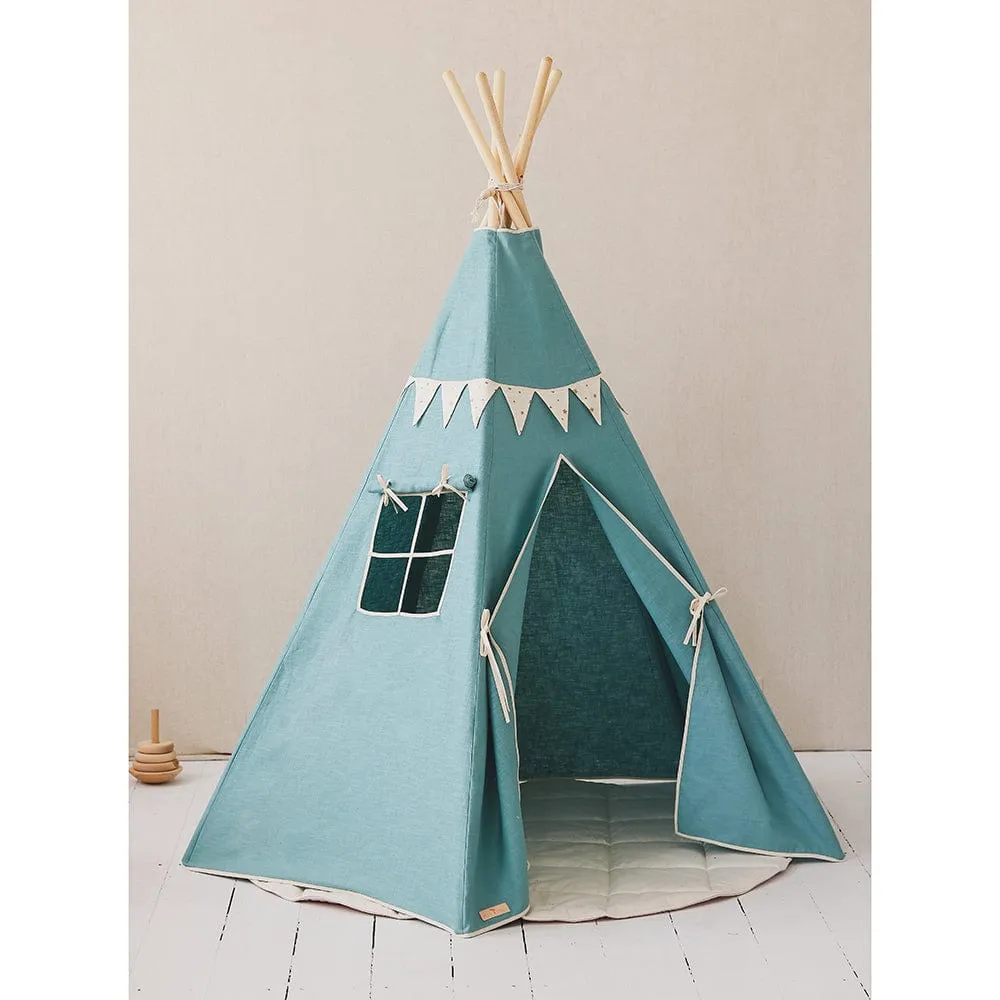 Gold Star Teepee With Garland And Mat Set - Blue & Grey