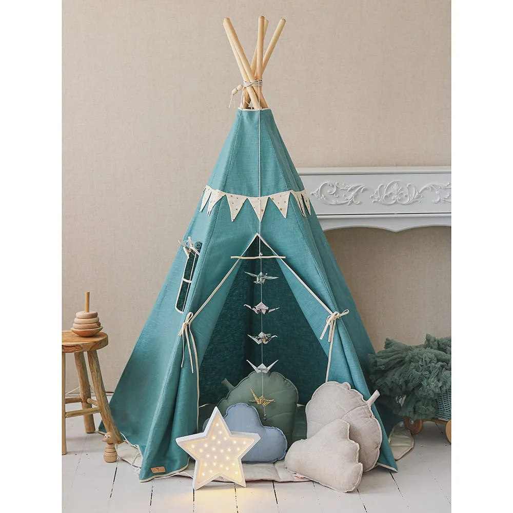 Gold Star Teepee With Garland And Mat Set - Blue & Grey
