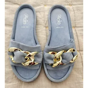 Golo Trieste Suede Slide in Celeste Blue with Gold Chain Link Accent Size 7