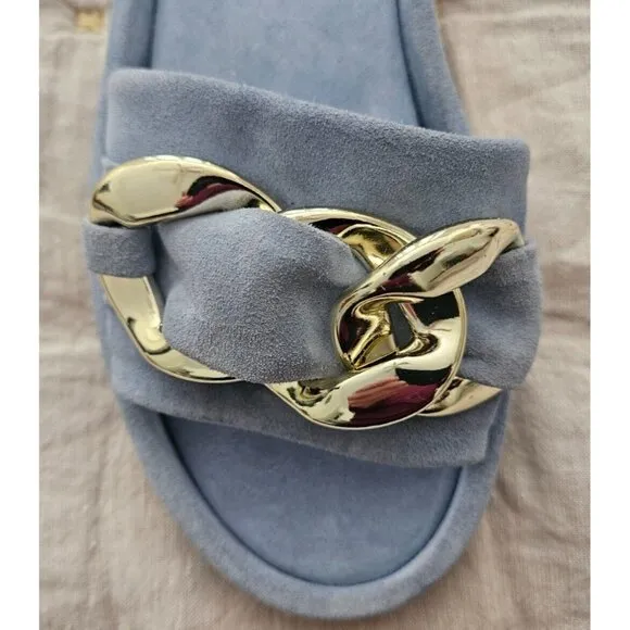 Golo Trieste Suede Slide in Celeste Blue with Gold Chain Link Accent Size 7
