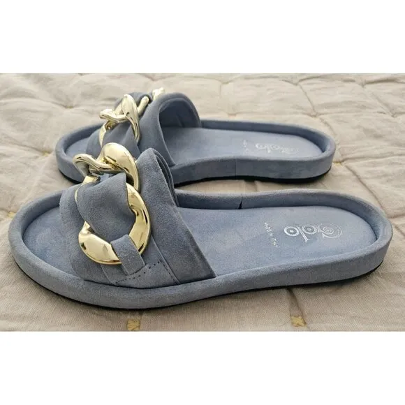 Golo Trieste Suede Slide in Celeste Blue with Gold Chain Link Accent Size 7