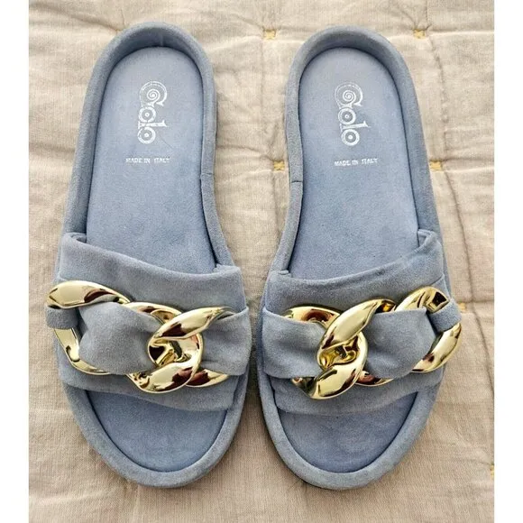 Golo Trieste Suede Slide in Celeste Blue with Gold Chain Link Accent Size 7