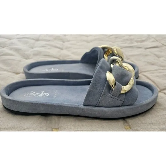 Golo Trieste Suede Slide in Celeste Blue with Gold Chain Link Accent Size 7