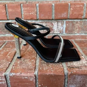 GOOD AMERICAN Black Satin Open Square Toe Rhinestone Strappy Heels Women's 7.5
