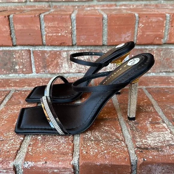GOOD AMERICAN Black Satin Open Square Toe Rhinestone Strappy Heels Women's 7.5