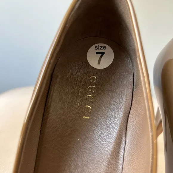 Gucci brown patent leather square toe heels