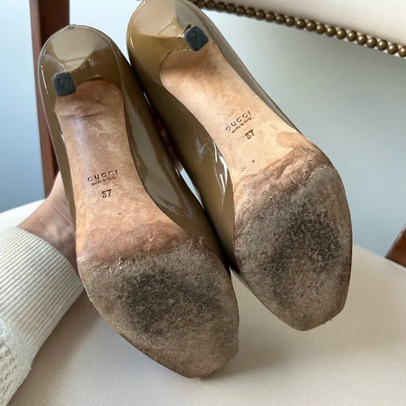 Gucci brown patent leather square toe heels