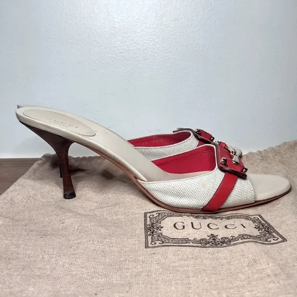 GUCCI cream canvas red leather horse bit slide heels 9.5B
