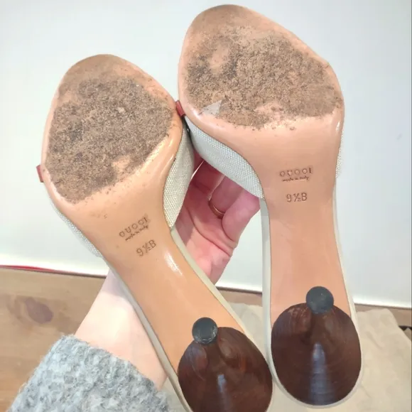 GUCCI cream canvas red leather horse bit slide heels 9.5B