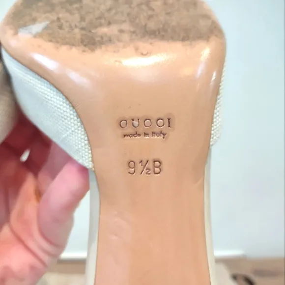 GUCCI cream canvas red leather horse bit slide heels 9.5B