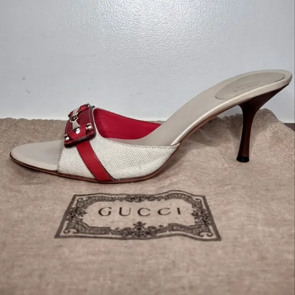 GUCCI cream canvas red leather horse bit slide heels 9.5B