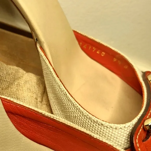 GUCCI cream canvas red leather horse bit slide heels 9.5B