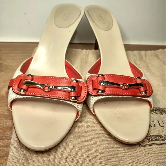 GUCCI cream canvas red leather horse bit slide heels 9.5B